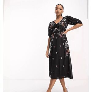 Maya Deluxe $226 Embroidered V Neck Midi Dress Floral Black Womens 4 NEW
